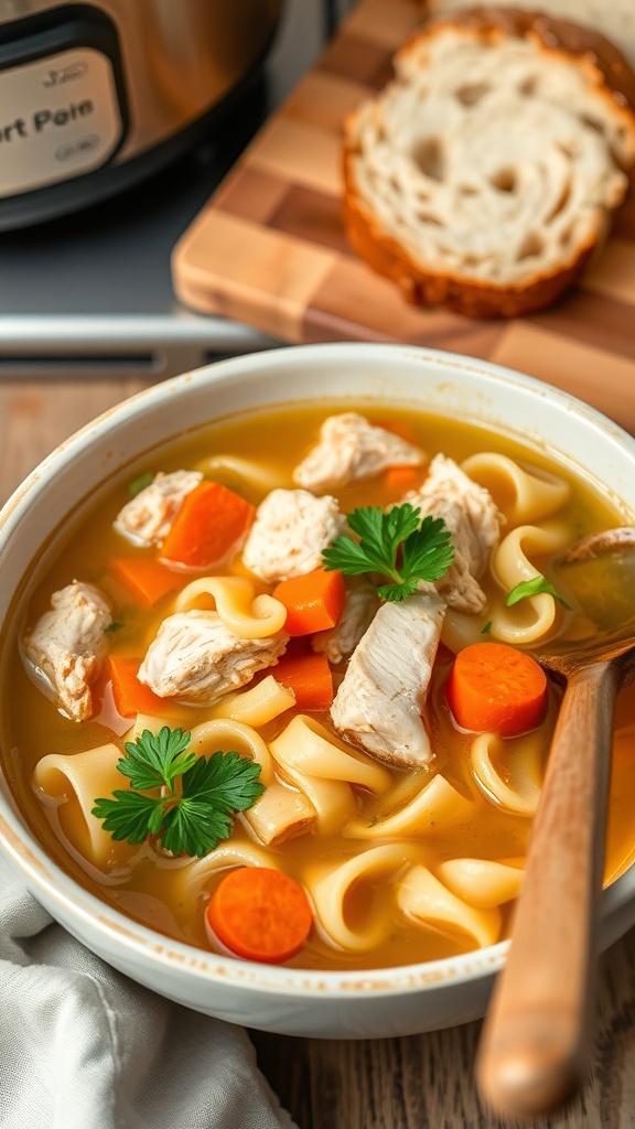 A comforting bowl of chicken noodle soup with chicken, carrots, and noodles, garnished with parsley, on a wooden table.